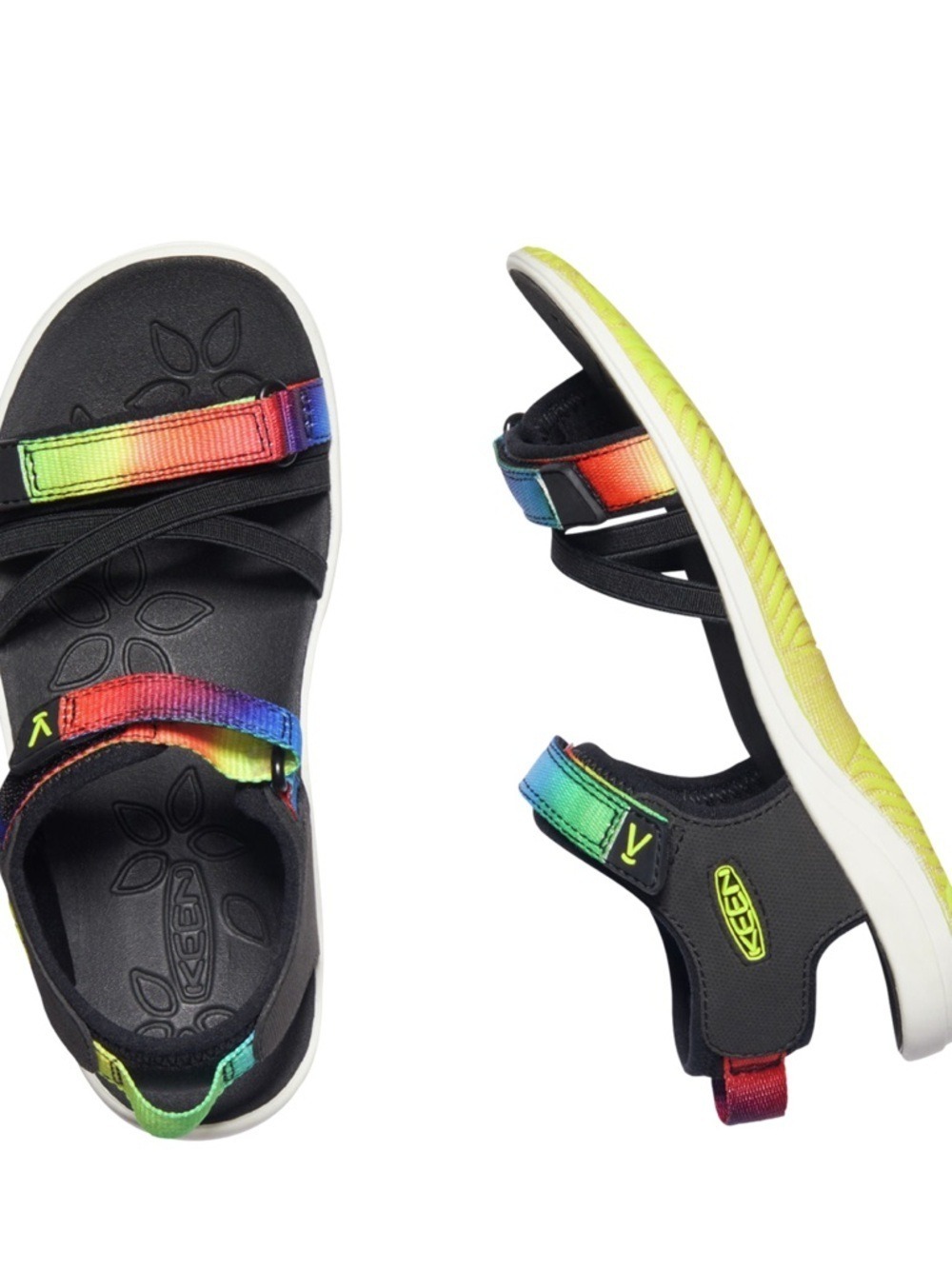 KEEN Kids Black Sandals with Rainbow Straps and Lime Sole Accents